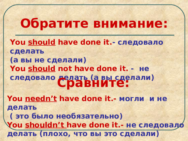 Обратите внимание: You should have done it. -  следовало сделать (а вы не сделали) You should not have done it.  -  не следовало делать (а вы сделали) Сравните: You needn’t have done it.-  могли и не делать  ( это было необязательно) You shouldn’t have done it.-  не следовало делать (плохо, что вы это сделали) 