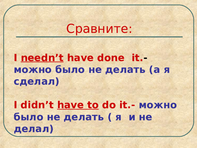 Сравните: I needn’t have done  it. - можно было не делать (а я сделал)  I didn’t have to do it.-  можно было не делать ( я и не делал) 