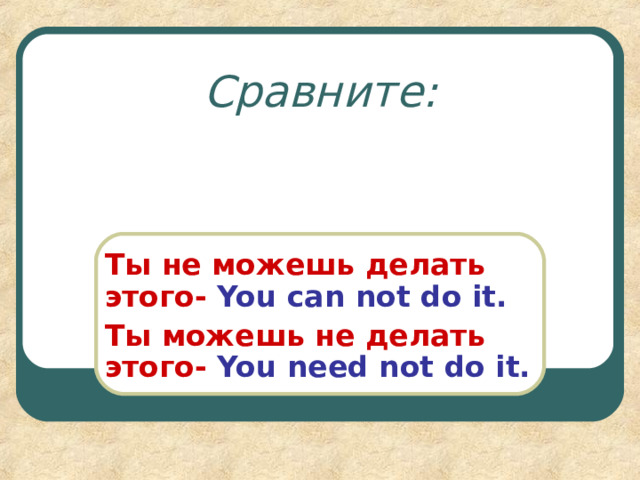 Сравните: Ты не можешь делать этого-  You can not do it. Ты можешь не делать этого-  You need not do it. 