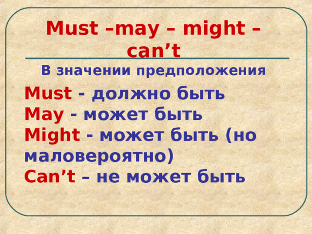 Must –may – might – can’t В значении предположения Must  - должно быть May  - может быть Might - может быть (но маловероятно) Can’t  – не может быть 