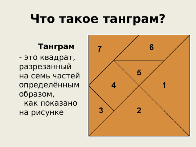 Что такое танграм?  Танграм  - это квадрат, разрезанный на семь частей определённым образом, как показано на рисунке 