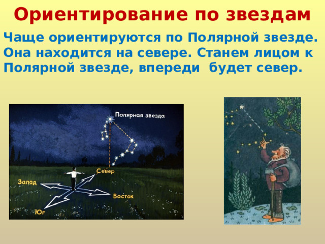 Ориентирование по звездам      Чаще ориентируются по Полярной звезде. Она находится на севере. Станем лицом к Полярной звезде, впереди будет север.   