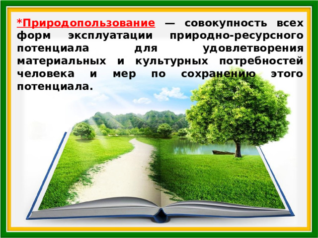 *Природопользование — совокупность всех форм эксплуатации природно-ресурсного потенциала для удовлетворения материальных и культурных потребностей человека и мер по сохранению этого потенциала. 