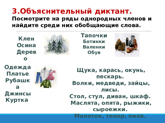 3.Объяснительный диктант. Посмотрите на ряды однородных членов и найдите среди них обобщающие слова. Тапочки Ботинки Валенки Обув Клен Осина Дерево Одежда Платье Рубашка Джинсы Куртка  Щука, карась, окунь, пескарь. Волки, медведи, зайцы, лисы. Стол, стул, диван, шкаф. Маслята, опята, рыжики, сыроежки. Молоток, топор, пила. 