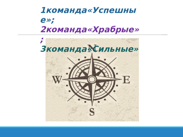 1команда«Успешные»; 2команда«Храбрые»; 3команда«Сильные» 