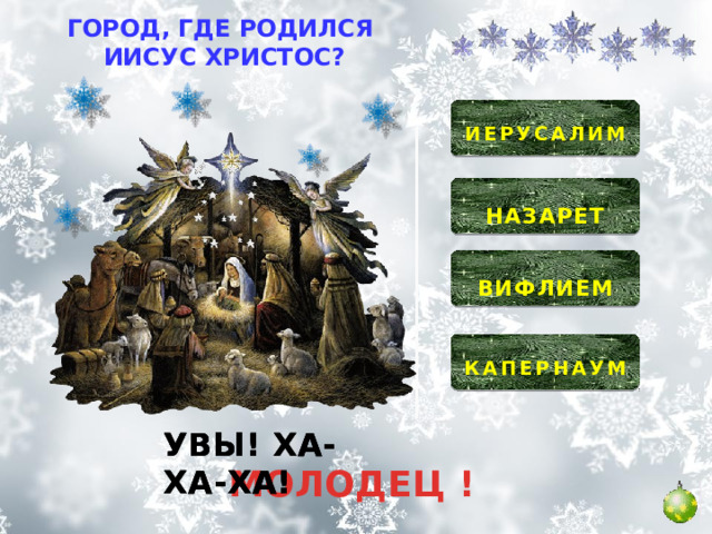 ГОРОД, ГДЕ РОДИЛСЯ ИИСУС ХРИСТОС?  ИЕРУСАЛИМ   НАЗАРЕТ   ВИФЛИЕМ   КАПЕРНАУМ  УВЫ! ХА-ХА-ХА! УВЫ! ХА-ХА-ХА! УВЫ! ХА-ХА-ХА! МОЛОДЕЦ ! 