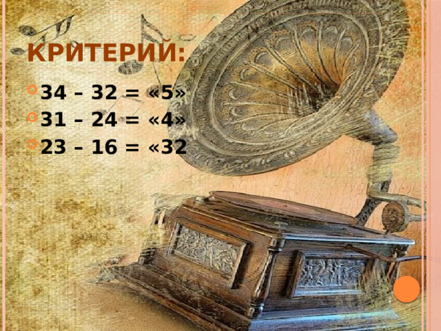Критерий: 34 – 32 = «5» 31 – 24 = «4» 23 – 16 = «32 