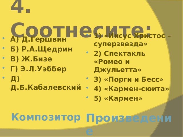 4. Соотнесите: 1) «Иисус Христос – суперзвезда» 2) Спектакль «Ромео и Джульетта» 3) «Порги и Бесс» 4) «Кармен-сюита» 5) «Кармен» А) Д.Гершвин Б) Р.А.Щедрин В) Ж.Бизе Г) Э.Л.Уэббер Д) Д.Б.Кабалевский Композитор Произведение 