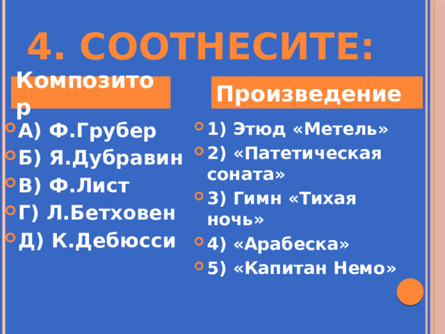 4. Соотнесите: Композитор Произведение А) Ф.Грубер Б) Я.Дубравин В) Ф.Лист Г) Л.Бетховен Д) К.Дебюсси 1) Этюд «Метель» 2) «Патетическая соната» 3) Гимн «Тихая ночь» 4) «Арабеска» 5) «Капитан Немо» 