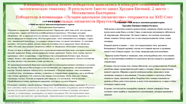 В индивидуальном зачете победители выявлялись в конкурсе сочинений на экологическую тематику. В результате 1место занял Хрущев Евгений, 2 место – Москвитина Екатерина.  Победители в номинации «Лучшее школьное лесничество» отправятся на XVII Слет школьных лесничеств Иркутской области .   