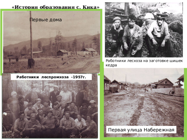 «История образования с. Кика» Первые дома Работники лесхоза на заготовке шишек кедра Работники леспромхоза -1957г. Первая улица Набережная 