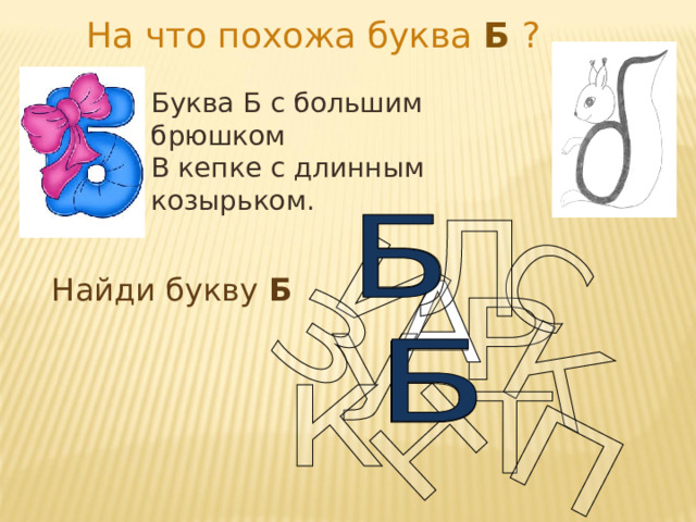 На что похожа буква Б  ? Буква Б с большим брюшком  В кепке с длинным козырьком. Найди букву Б 