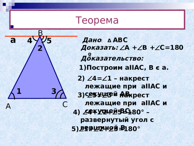 Теорема В а 5 4 Дано : Δ  АВС Доказать:   А +  В +  С=180 º  2 Доказательство: 1)Построим а II АС, В є а. 2)  4=  1 – накрест лежащие при а II АС и секущей АВ. 3 3 1 3)  5=  3 – накрест лежащие при а II АС и секущей ВС. С А 4)  4+  2+  5=180 ° –развернутый угол с вершиной В 5)  1+  2+  3=180 °  