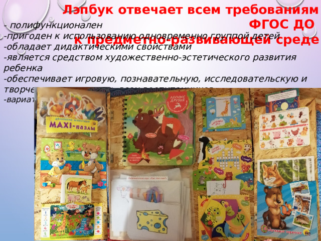 Лэпбук отвечает всем требованиям ФГОС ДО к предметно-развивающей среде  - полифункционален -пригоден к использованию одновременно группой детей -обладает дидактическими свойствами -является средством художественно-эстетического развития ребенка -обеспечивает игровую, познавательную, исследовательскую и творческую активность всех воспитанников -вариативен 