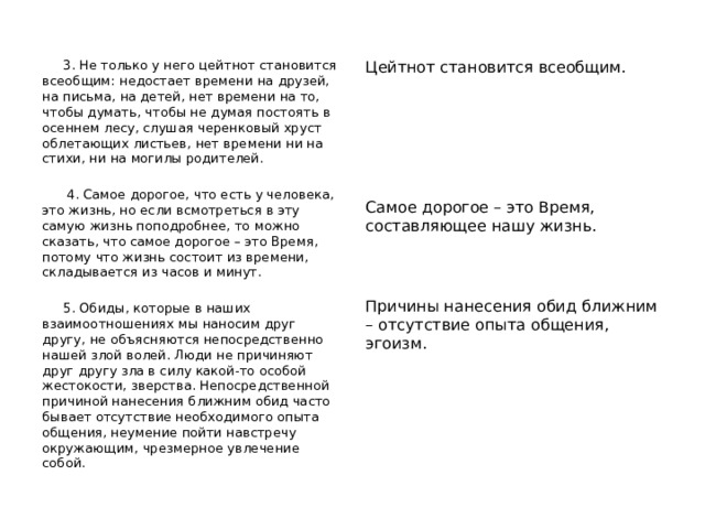  3. Не только у него цейтнот становится всеобщим: недостает времени на друзей, на письма, на детей, нет времени на то, чтобы думать, чтобы не думая постоять в осеннем лесу, слушая черенковый хруст облетающих листьев, нет времени ни на стихи, ни на могилы родителей. Цейтнот становится всеобщим.  4. Самое дорогое, что есть у человека, это жизнь, но если всмотреться в эту самую жизнь поподробнее, то можно сказать, что самое дорогое – это Время, потому что жизнь состоит из времени, складывается из часов и минут.  5. Обиды, которые в наших взаимоотношениях мы наносим друг другу, не объясняются непосредственно нашей злой волей. Люди не причиняют друг другу зла в силу какой-то особой жестокости, зверства. Непосредственной причиной нанесения ближним обид часто бывает отсутствие необходимого опыта общения, неумение пойти навстречу окружающим, чрезмерное увлечение собой. Самое дорогое – это Время, составляющее нашу жизнь. Причины нанесения обид ближним – отсутствие опыта общения, эгоизм. 