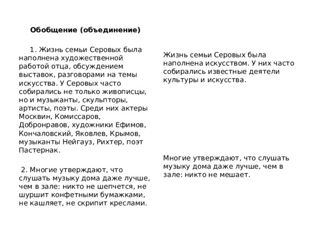 Обобщение (объединение)  1. Жизнь семьи Серовых была наполнена художественной работой отца, обсуждением выставок, разговорами на темы искусства. У Серовых часто собирались не только живописцы, но и музыканты, скульпторы, артисты, поэты. Среди них актеры Москвин, Комиссаров, Добронравов, художники Ефимов, Кончаловский, Яковлев, Крымов, музыканты Нейгауз, Рихтер, поэт Пастернак.  2. Многие утверждают, что слушать музыку дома даже лучше, чем в зале: никто не шепчется, не шуршит конфетными бумажками, не кашляет, не скрипит креслами. Жизнь семьи Серовых была наполнена искусством. У них часто собирались известные деятели культуры и искусства. Многие утверждают, что слушать музыку дома даже лучше, чем в зале: никто не мешает. 