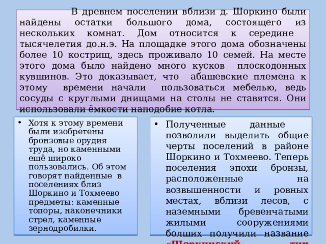  В древнем поселении вблизи д. Шоркино были найдены остатки большого дома, состоящего из нескольких комнат. Дом относится к середине тысячелетия до.н.э. На площадке этого дома обозначены более 10 кострищ, здесь проживало 10 семей. На месте этого дома было найдено много кусков плоскодонных кувшинов. Это доказывает, что абашевские племена к этому времени начали пользоваться мебелью, ведь сосуды с круглыми днищами на столы не ставятся. Они использовали ёмкости наподобие котла. Хотя к этому времени были изобретены бронзовые орудия труда, но каменными ещё широко пользовались. Об этом говорят найденные в поселениях близ Шоркино и Тохмеево предметы: каменные топоры, наконечники стрел, каменные зернодробилки. Полученные данные позволили выделить общие черты поселений в районе Шоркино и Тохмеево. Теперь поселения эпохи бронзы, расположенные на возвышенности и ровных местах, вблизи лесов, с наземными бревенчатыми жилыми сооружениями болших получили название «Шоркинский тип поселений». 