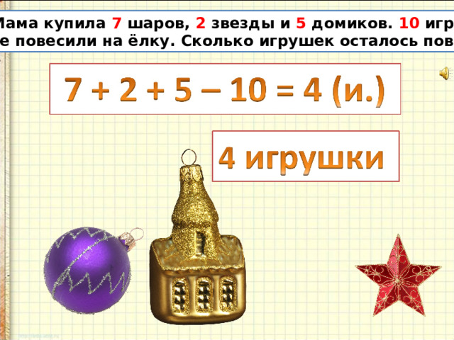  Мама купила 7 шаров, 2 звезды и 5 домиков. 10 игрушек уже повесили на ёлку. Сколько игрушек осталось повесить? 