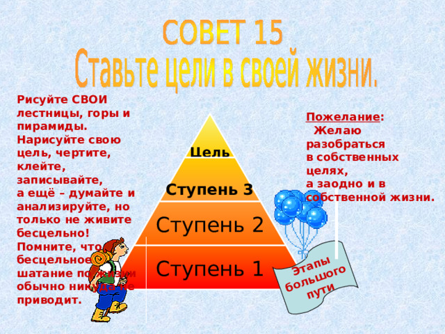 Этапы большого пути Рисуйте СВОИ лестницы, горы и пирамиды. Нарисуйте свою цель, чертите, клейте, записывайте, а ещё – думайте и анализируйте, но только не живите бесцельно! Помните, что бесцельное шатание по жизни обычно никуда не приводит. Пожелание :  Желаю разобраться в собственных целях, а заодно и в собственной жизни.  Цель  Ступень 3 Ступень 2 Ступень 1 