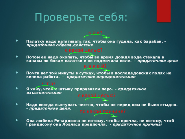 Проверьте себя: к а к? Палатку надо натягивать так, чтобы она гудела, как барабан. – придаточное образа действия  Потом ее надо окопать, чтобы во время дождя вода стекала в канавы по бокам палатки и не подмочила поле. - придаточное цели  Почти нет той минуты в сутках, чтобы в последедовских полях не кипела работа. - придаточное определительное  Я хочу, чтоб к штыку приравняли перо. – придаточное изъяснительное  Надо всегда выступать честно, чтобы ни перед кем не было стыдно. - придаточное цели.  Она любила Ричардсона не потому, чтобы прочла, не потому, чтоб Грандисону она Ловласа предпочла. - придаточное причины с какой целью? к а к о й? ч т о? с какой целью? по какой причине?  