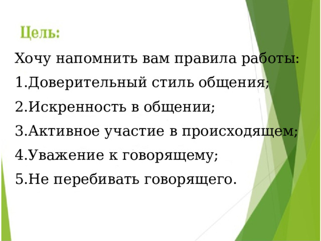 Хочу напомнить вам правила работы: Доверительный стиль общения; Искренность в общении; Активное участие в происходящем; Уважение к говорящему; Не перебивать говорящего. 