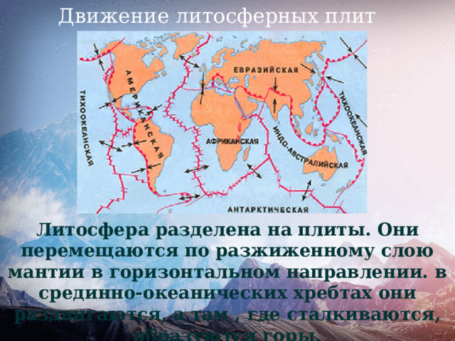 Движение литосферных плит Литосфера разделена на плиты. Они перемещаются по разжиженному слою мантии в горизонтальном направлении. в срединно-океанических хребтах они раздвигаются, а там , где сталкиваются, образуются горы. 