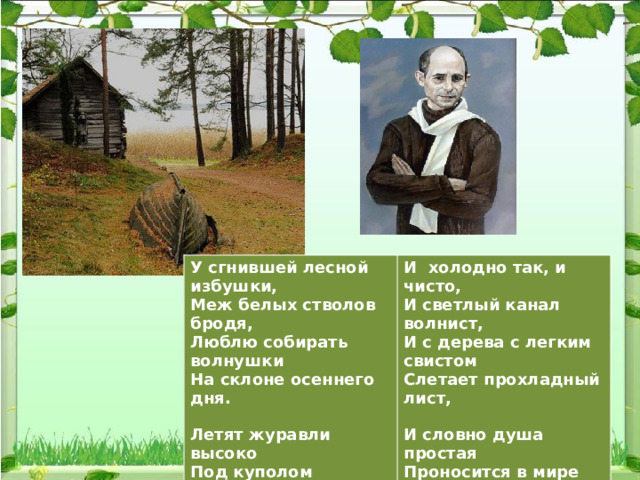 У сгнившей лесной избушки, Меж белых стволов бродя, И холодно так, и чисто, Люблю собирать волнушки И светлый канал волнист, На склоне осеннего дня. И с дерева с легким свистом  Слетает прохладный лист, Летят журавли высоко  Под куполом светлых небес, И словно душа простая И лодка, шурша осокой, Проносится в мире чудес, Плывет по каналу в лес. Как птиц одиноких стая Под куполом светлых небес… 