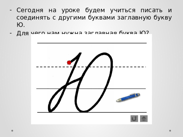 Сегодня на уроке будем учиться писать и соединять с другими буквами заглавную букву Ю. Для чего нам нужна заглавная буква Ю? 