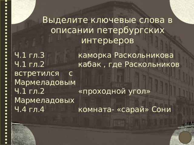 Выделите ключевые слова в описании петербургских интерьеров Ч.1 гл.3 каморка Раскольникова Ч.1 гл.2 кабак , где Раскольников встретился с   Мармеладовым Ч.1 гл.2 «проходной угол» Мармеладовых Ч.4 гл.4 комната- «сарай» Сони  
