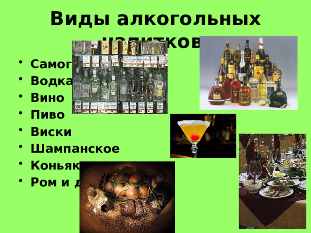 Виды алкогольных напитков: Самогон Водка Вино Пиво Виски Шампанское Коньяк Ром и др.  