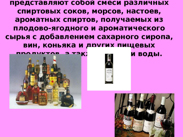 Ликероводочные изделия - они представляют собой смеси различных спиртовых соков, морсов, настоев, ароматных спиртов, получаемых из плодово-ягодного и ароматического сырья с добавлением сахарного сиропа, вин, коньяка и других пищевых продуктов, а также спирта и воды.     