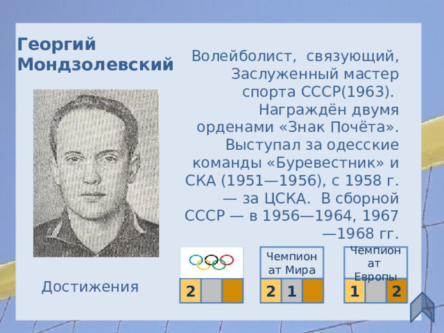 Георгий Мондзолевский Волейболист, связующий,  Заслуженный мастер спорта СССР(1963). Награждён двумя орденами «Знак Почёта». Выступал за одесские команды «Буревестник» и СКА (1951—1956), с 1958 г. — за ЦСКА. В сборной СССР — в 1956—1964, 1967—1968 гг. Чемпионат Мира Чемпионат Европы Достижения 2  2 1  1  2 11 