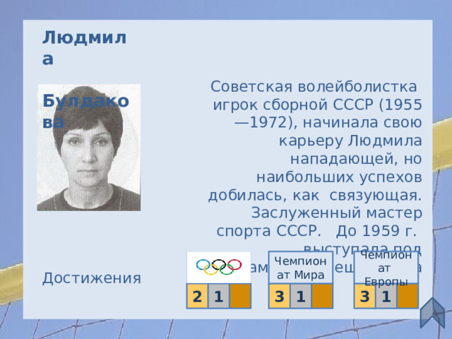 Людмила  Булдакова Советская волейболистка игрок сборной СССР (1955—1972), начинала свою карьеру Людмила нападающей, но наибольших успехов добилась, как связующая. Заслуженный мастер спорта СССР. До 1959 г.  выступала под фамилией Мещеряко́ва http://upload.wikimedia.org/wikipedia/ru/0/08/%D0%9B%D1%8E%D0%B4%D0%BC%D0%B8%D0%BB%D0%B0_%D0%91%D1%83%D0%BB%D0%B4%D0%B0%D0%BA%D0%BE%D0%B2%D0%B0.jpg(фото) Чемпионат Европы Чемпионат Мира Достижения 1  1 3  3 1 2 12 
