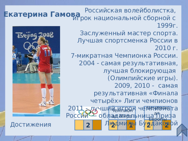Российская волейболистка, игрок национальной сборной с 1999г.  Заслуженный мастер спорта.   Лучшая спортсменка России в 2010 г. 7-микратная Чемпионка России.   2004 - самая результативная, лучшая блокирующая (Олимпийские игры).   2009, 2010 - самая результативная «Финала четырёх» Лиги чемпионов 2011 - лучший игрок чемпионата России — обладательница Приза Людмилы Булдаковой Екатерина Гамова Чемпионат Европы Чемпионат Мира Достижения 2  2 1  2 2  17 