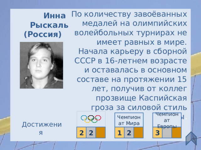 Инна Рыскаль (Россия) По количеству завоёванных медалей на олимпийских волейбольных турнирах не имеет равных в мире. Начала карьеру в сборной СССР в 16-летнем возрасте и оставалась в основном составе на протяжении 15 лет, получив от коллег прозвище Каспийская гроза за силовой стиль игры . Чемпионат Мира Чемпионат Европы Достижения  2 3 1 2 2 10 