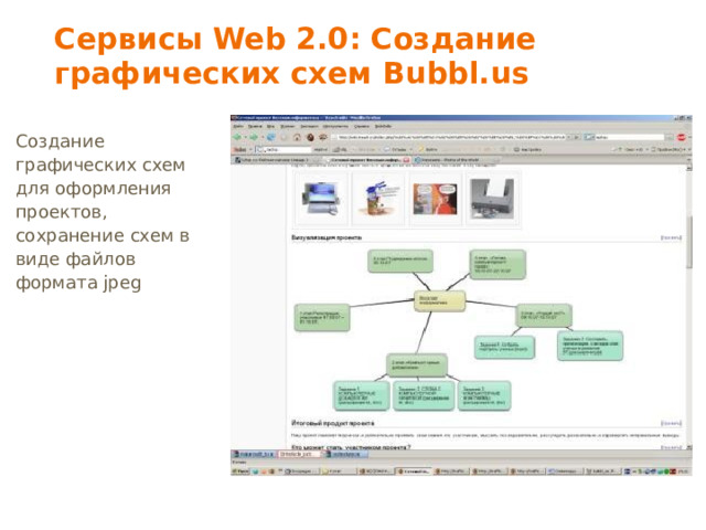 Сервисы Web 2.0: Создание графических схем Bubbl.us Создание графических схем для оформления проектов, сохранение схем в виде файлов формата jpeg 