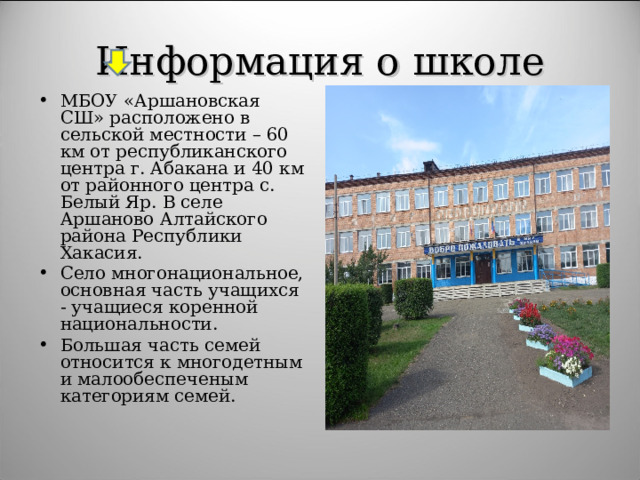 Информация о школе МБОУ «Аршановская СШ» расположено в сельской местности – 60 км от республиканского центра г. Абакана и 40 км от районного центра с. Белый Яр. В селе Аршаново Алтайского района Республики Хакасия. Село многонациональное, основная часть учащихся - учащиеся коренной национальности. Большая часть семей относится к многодетным и малообеспеченым категориям семей.    