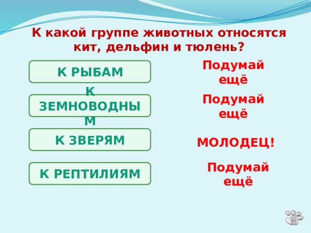 К какой группе животных относятся кит, дельфин и тюлень? К РЫБАМ Подумай ещё К ЗЕМНОВОДНЫМ Подумай ещё К ЗВЕРЯМ МОЛОДЕЦ! К РЕПТИЛИЯМ Подумай ещё 