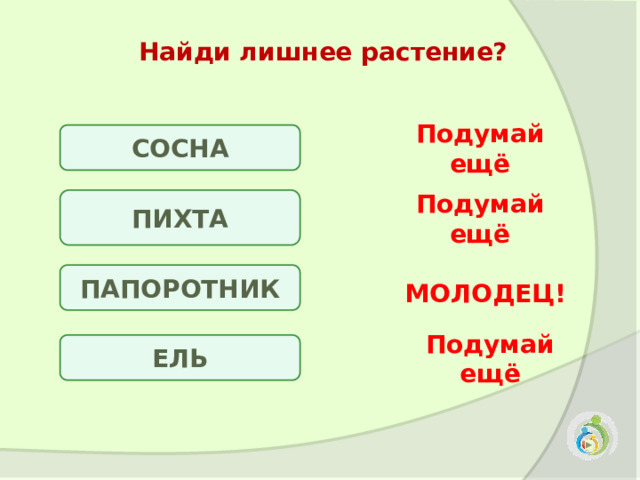 Найди лишнее растение? СОСНА Подумай ещё ПИХТА Подумай ещё ПАПОРОТНИК МОЛОДЕЦ! ЕЛЬ Подумай ещё 