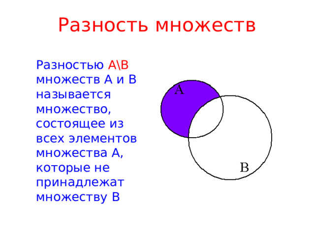  Разность множеств  Разностью А\В множеств А и В называется множество, состоящее из всех элементов множества А, которые не принадлежат множеству В 