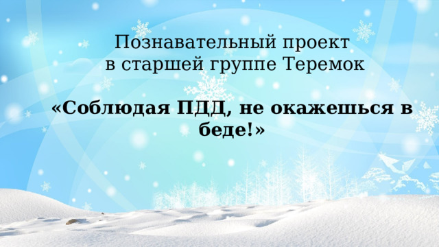 Познавательный проект  в старшей группе Теремок  «Соблюдая ПДД, не окажешься в беде!» 