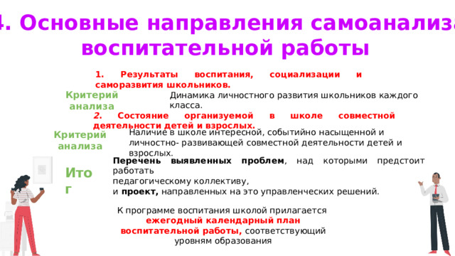 4. Основные направления самоанализа воспитательной работы 1. Результаты воспитания, социализации и саморазвития школьников. Критерий анализа Динамика личностного развития школьников каждого класса. 2 . Состояние организуемой в школе совместной деятельности детей и взрослых. Наличие в школе интересной, событийно насыщенной и личностно- развивающей совместной деятельности детей и взрослых. Критерий анализа Перечень выявленных проблем , над которыми предстоит работать педагогическому коллективу, и проект, направленных на это управленческих решений.   Итог К программе воспитания школой прилагается ежегодный календарный план воспитательной работы, соответствующий уровням образования 