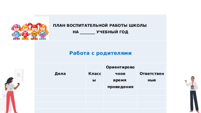   План воспитательной работы школы   на ________ учебный год Работа с родителями       Дела       Классы Ориентировочное     время         Ответственные     проведения         