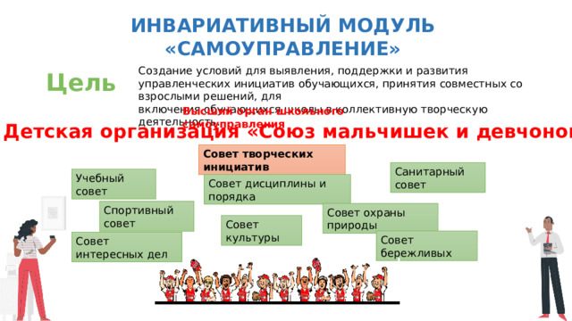 Инвариативный модуль «самоуправление» Создание условий для выявления, поддержки и развития управленческих инициатив обучающихся, принятия совместных со взрослыми решений, для  включения обучающихся школы в коллективную творческую деятельность. Цель Высший орган школьного самоуправления Детская организация «Союз мальчишек и девчонок» Совет творческих инициатив Санитарный совет Учебный совет Совет дисциплины и порядка Спортивный совет Совет охраны природы Совет культуры Совет бережливых Совет интересных дел 
