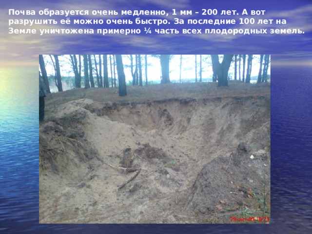 Почва образуется очень медленно, 1 мм – 200 лет. А вот разрушить её можно очень быстро. За последние 100 лет на Земле уничтожена примерно ¼ часть всех плодородных земель.  