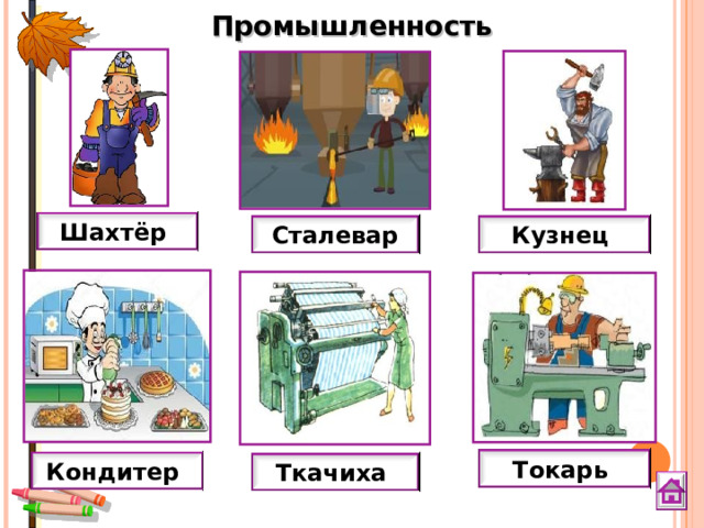 Промышленность Шахтёр Сталевар Кузнец Токарь Кондитер Ткачиха 
