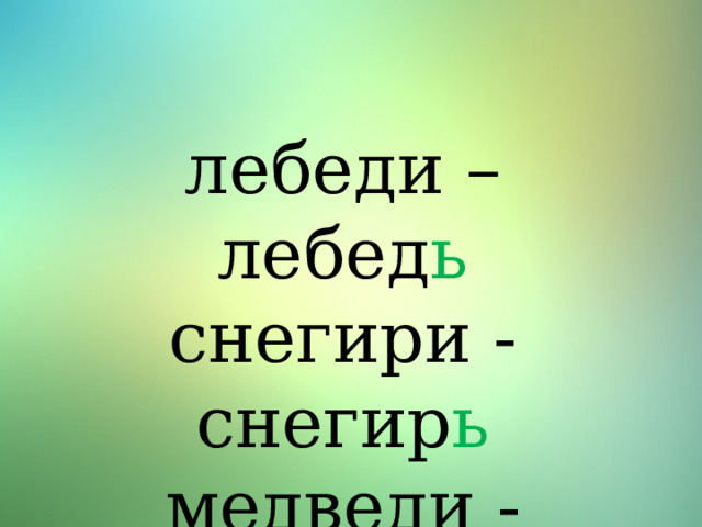 лебеди – лебед ь снегири - снегир ь медведи - медвед ь 
