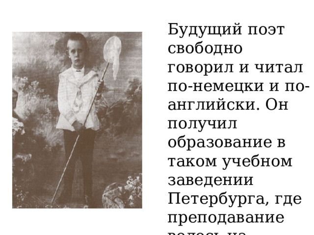 Будущий поэт свободно говорил и читал по-немецки и по-английски. Он получил образование в таком учебном заведении Петербурга, где преподавание велось на иностранных языках. 