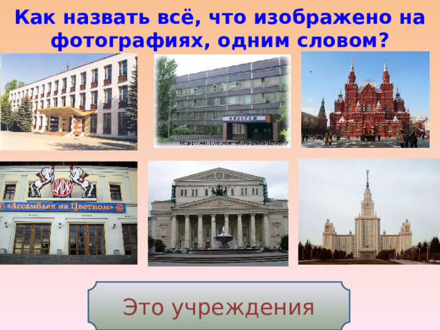 Как назвать всё, что изображено на фотографиях, одним словом? Это учреждения 