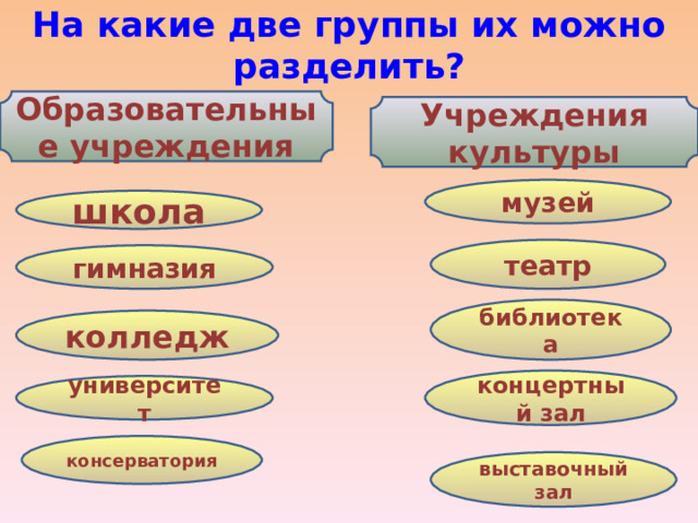 На какие две группы их можно разделить? Образовательные учреждения Учреждения культуры музей школа театр гимназия библиотека колледж концертный зал университет консерватория выставочный зал 